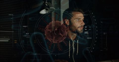 Technology specialist analyzing digital virus graphic interface