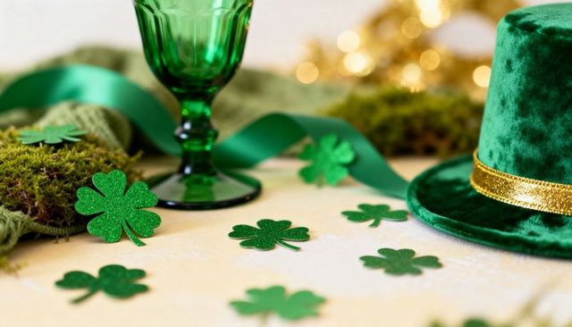 St Patrick's Day green velvet top hat with shamrocks, emerald goblet, ribbon and moss
