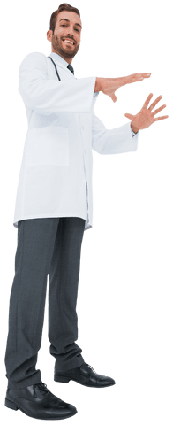 Caucasian male doctor smiling with open hands on transparent background