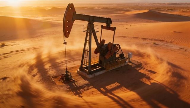 Sunlit oil pumpjack on concrete pad amid vast golden desert dunes at sunset horizon