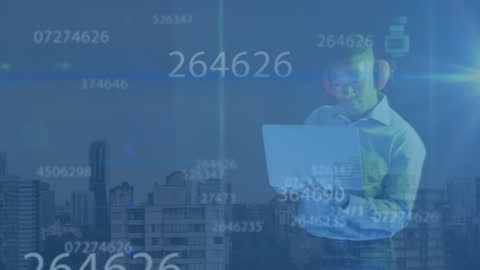 Digital Technology and Data Overlay with Man Facing Computer