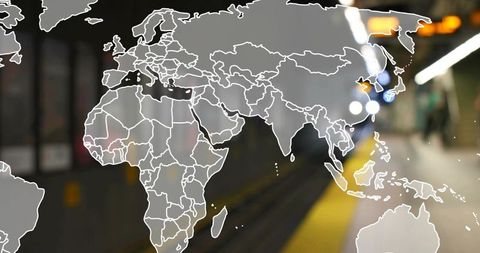 World map overlay over urban subway platform showing global transit connectivity