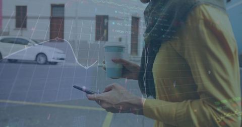 Woman Overlays Financial Graphs While Checking Smartphone