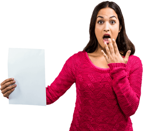 Shocked Woman Holding Blank Paper Document on Transparent Background