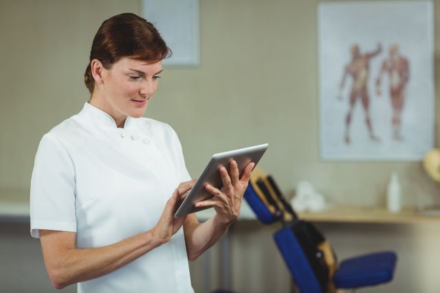 Physiotherapist using digital tablet in clinic, providing modern healthcare solutions. Ideal for illustrating technology in healthcare, medical consultations, physical therapy practices, and patient care advancements.
