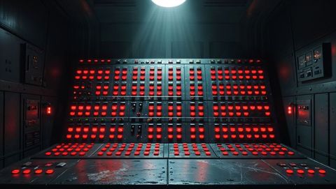 Dark control room console with red button display