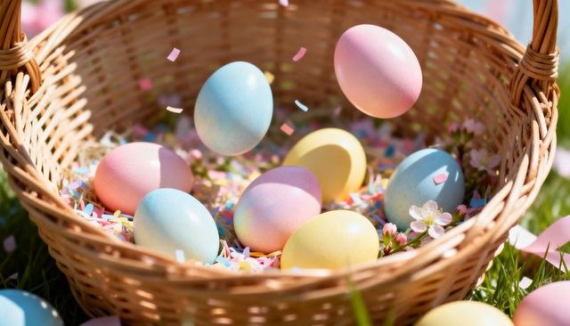 Pastel easter eggs nestled in wicker basket with confetti and spring blossom accents