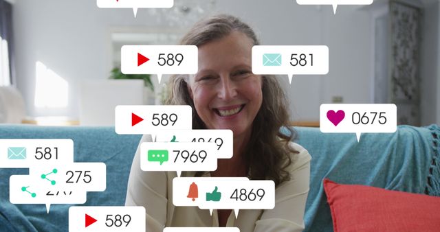 Woman smiling and interacting with multiple social media notifications, perfect for illustrating social media engagement, online interaction, and the modern reliance on technology for communication. Use for articles, blogs, and campaigns related to internet usage, digital marketing, social media growth, and personal connections online.