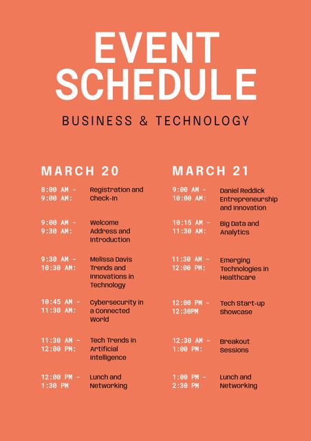 Event schedule featuring a detailed timeline for a business and technology conference. The vibrant orange background adds a dynamic touch suitable for tech event promotions, business seminars, and professional conference advertisements. Use this to inform attendees about event agendas, keynote speakers, and session topics.