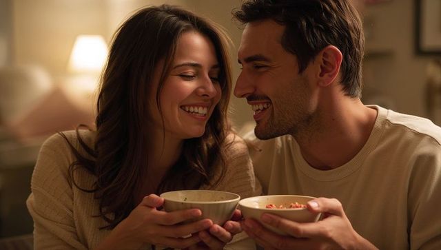 Couple sharing cozy evening meal on sofa holding ceramic bowls, smiling together