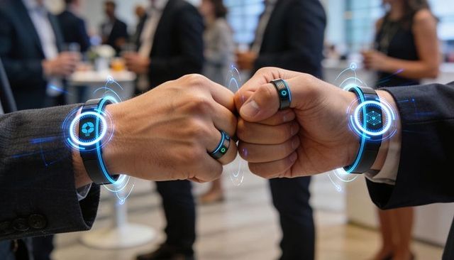 Futuristic business fist bump with smart bands and holographic wearable uis
