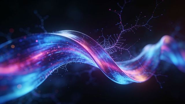 Neon data ribbon twisting through digital void with glowing filaments and particle trails