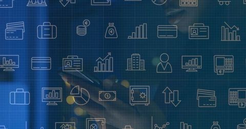 Woman Using Smartphone on Digital Finance Dashboard With Technology Icons