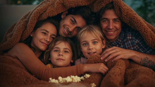 Family enjoying cozy movie night together under warm blanket
