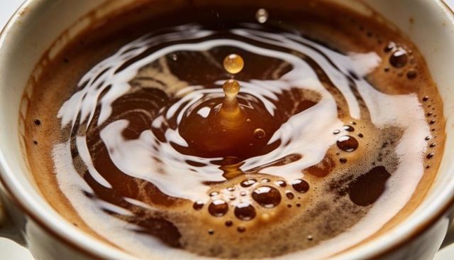 Macro coffee crema with droplet rising, concentric ripples and glossy foam in white cup