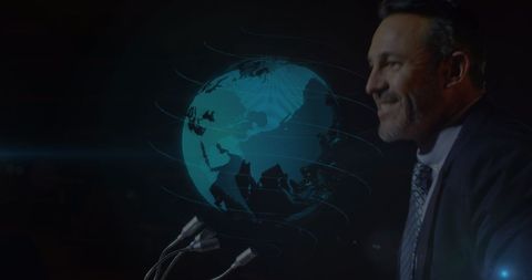 Global businessman giving speech with spinning globe