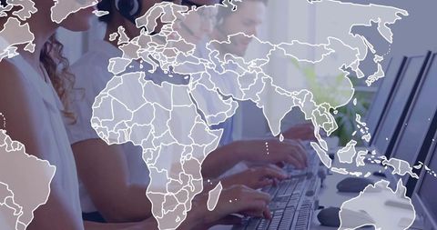 Call center team with global communication network map overlay