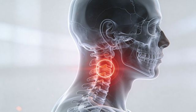 Transparent skull and cervical spine revealing inflamed vertebrae with red pain highlight