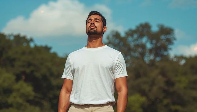 Man standing outdoors tilting head back and closing eyes enjoying nature and sunlight