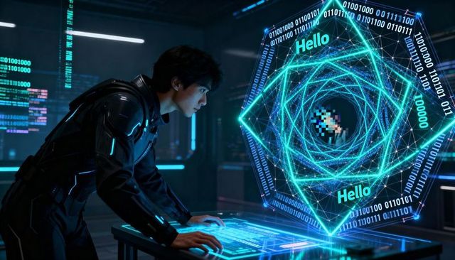 Technician operating holographic hexagon interface in armored suit with neon binary code