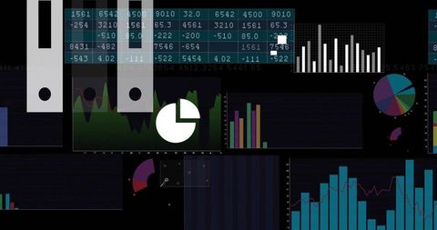 Displaying Dark Analytics Dashboard with Neon Bar Charts, Pie Chart and Numeric Data Grid