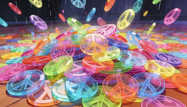 Shimmering pile of translucent rainbow peace tokens on wooden floor with rain streaks