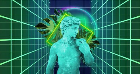 Futuristic Sculpture with Geometric Grid Background