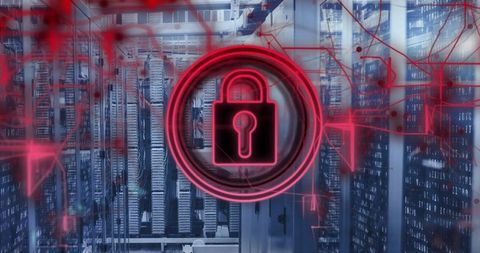 Cybersecurity concept with lock symbol and data servers