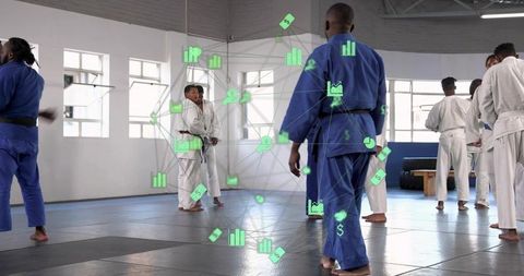 Judo practitioners practicing drills on dojo mats with glowing digital analytics overlay