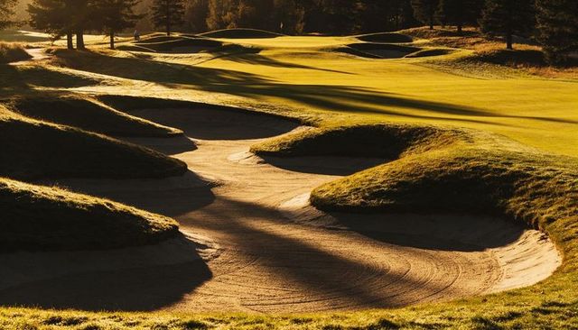 Golden light bathing rolling golf bunkers casting long shadows across manicured greens