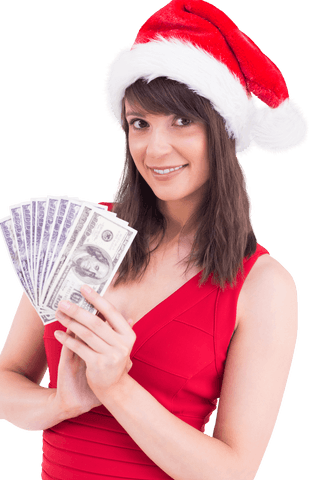 Festive Woman Wearing Santa Hat Holding Cash on Transparent Background
