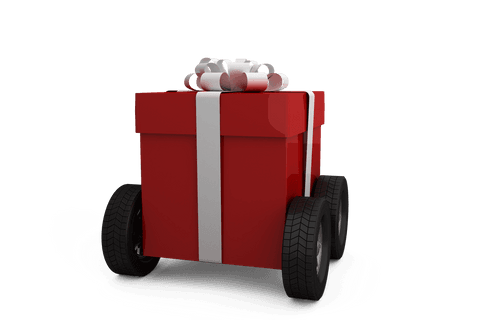 Creative Red Gift Box on Wheels with Ribbon on Transparent Background