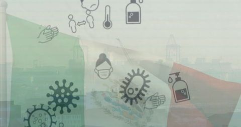 Mexican industrial port with safety and health symbols overlay