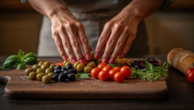 Apron-clad hands arranging olives and cherry tomatoes with basil on rustic wooden board
