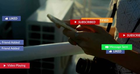 Woman scrolling smartphone on rooftop at golden hour with camera and social media notifications