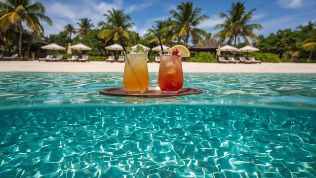 Luxurious tropical cocktails over sparkling resort pool