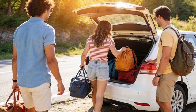 Friends loading car trunk for summer road trip at sunset with backpacks and suitcases
