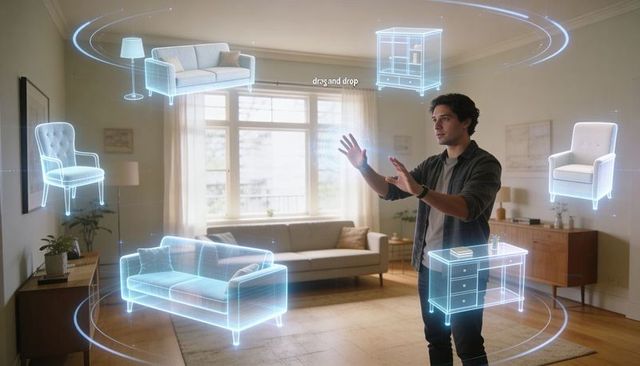 Man placing holographic furniture in living room using ar drag-and-drop interface