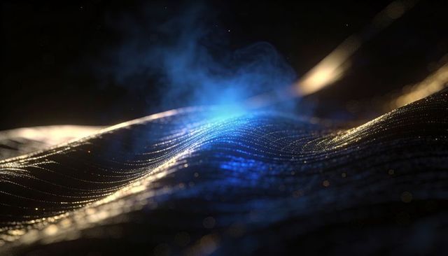 Undulating luminous particle mesh with gold highlights, blue ridge glow and cinematic mist