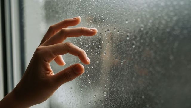 Touching rain-speckled window pane, moody indoor reflection and gentle longing