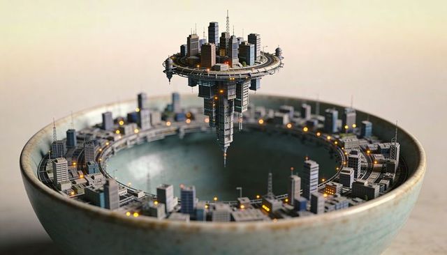 Floating miniature circular city with inverted skyscraper tower and lit windows in ceramic bowl