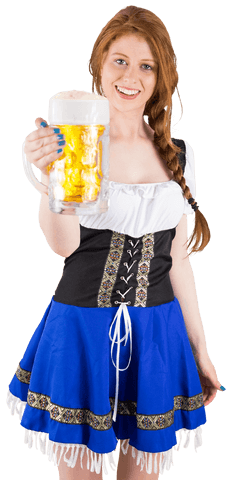 Smiling woman in traditional dress holding large beer glass with transparent background