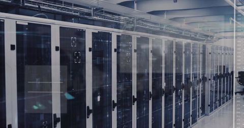 High-density data center aisle showing server racks with flashing status LEDs and cabling