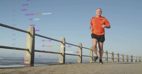 Senior Runner Embracing Fitness and Technology on Boardwalk
