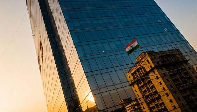 Indian flag reflecting on glass skyscraper at sunset with historic building reflection
