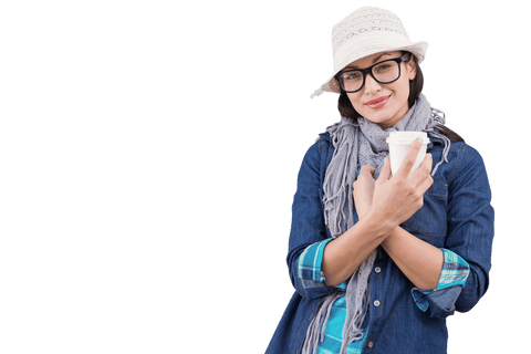 Happy Caucasian Woman in Stylish Hat Holding Coffee on Transparent Background
