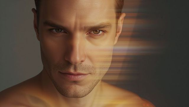 Intense staring male portrait with horizontal light streaks and motion blur