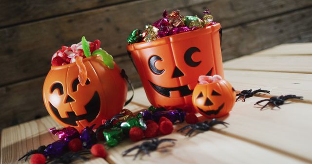 Halloween pumpkin buckets full of halloween candies on wooden surface - Download Free Stock Photos Pikwizard.com