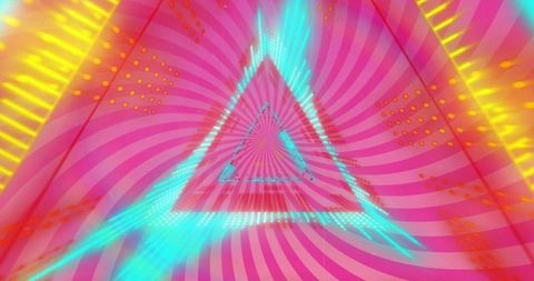 Glowing cyan triangle pulling into neon pink spiral tunnel with psychedelic 3d rays