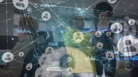 Multiracial Team Collaborating on Digital Project with Network Overlay